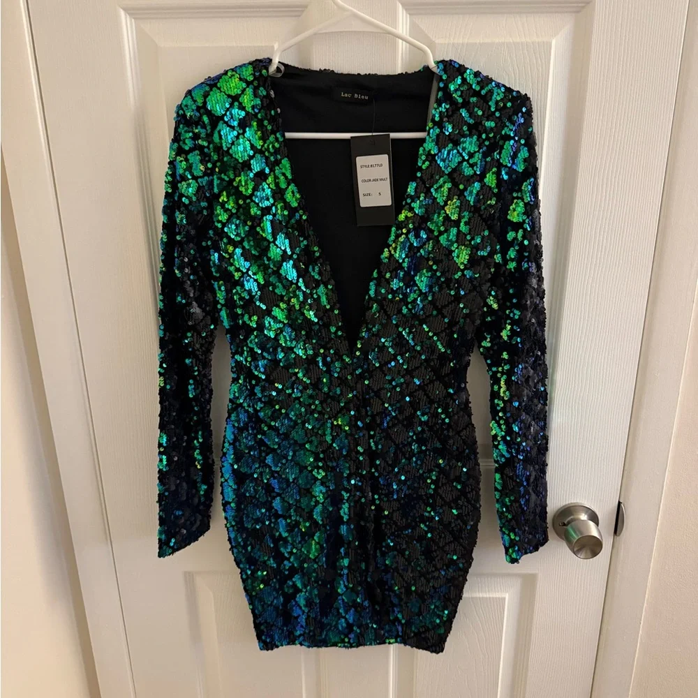 Sequin Mini Dress in Green and Blue - Picture 1 of 2